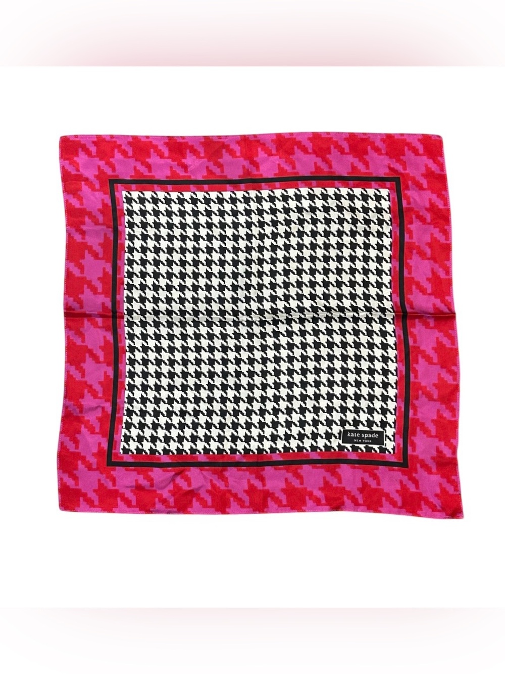 Kate Spade Black, White, & Pink Silk Houndstooth Print Scarf